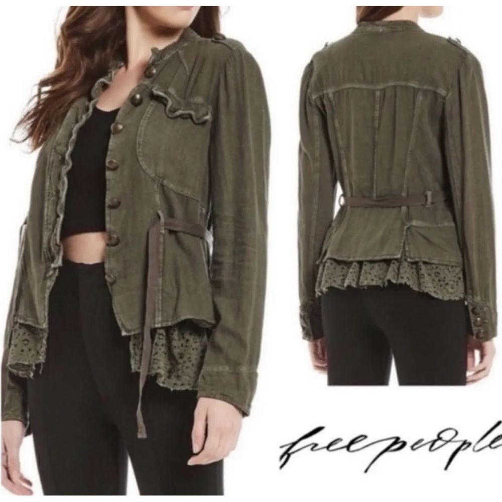 New with Tags! Free People Emilia military ruffle jacket, olive green, Small
